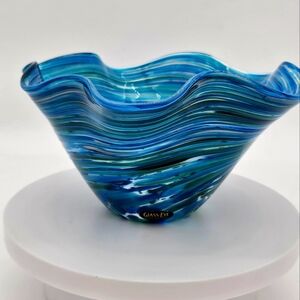 Glass Eye Studio-Hand Blown Art Glass Wave Bowl-Ocean Lava-Blue Green End Of Day